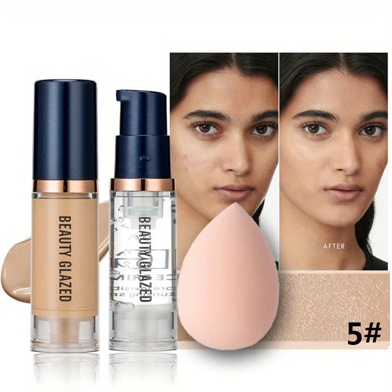 BEAUTY GLAZED 3Pcs Face Makeup Set,Matte Long lasting Waterproof Liquid Foundation+Primer+Puff