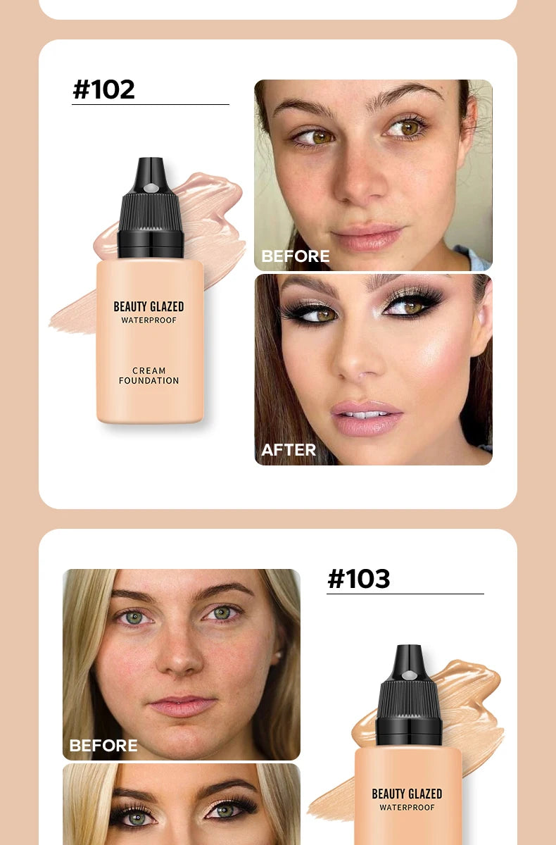BEAUTY GLAZED 24 Hour HD Full Cover Matte Liquid Foundation Matte Natural Waterproof Foundation Face Makeup,Brighten Skin Color