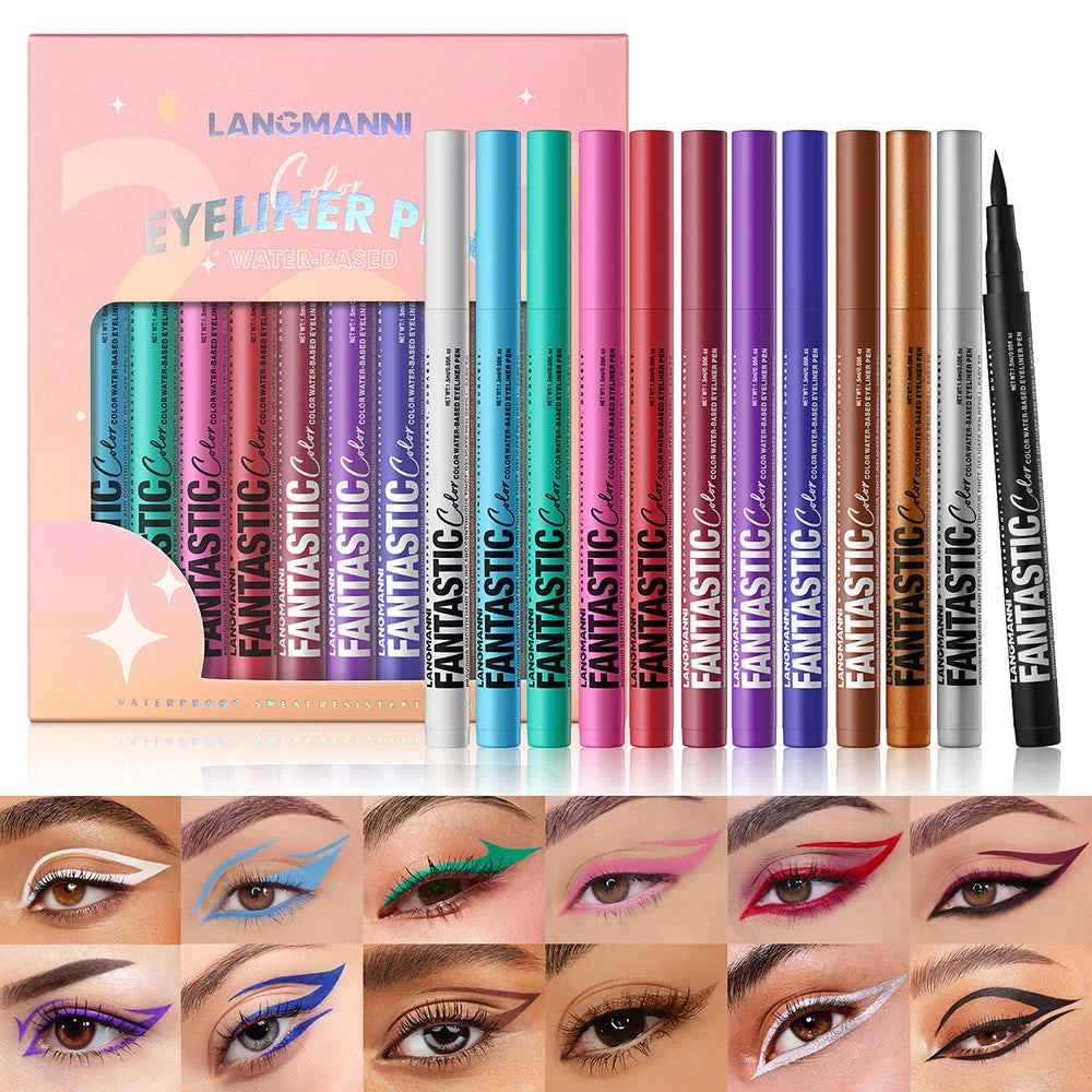 12 Colors Eyeliner High Pigment Silver Pearl Shine&Matte Smoky Blue Long-Lasting Waterproof Water-Based Painting Pen Makeup