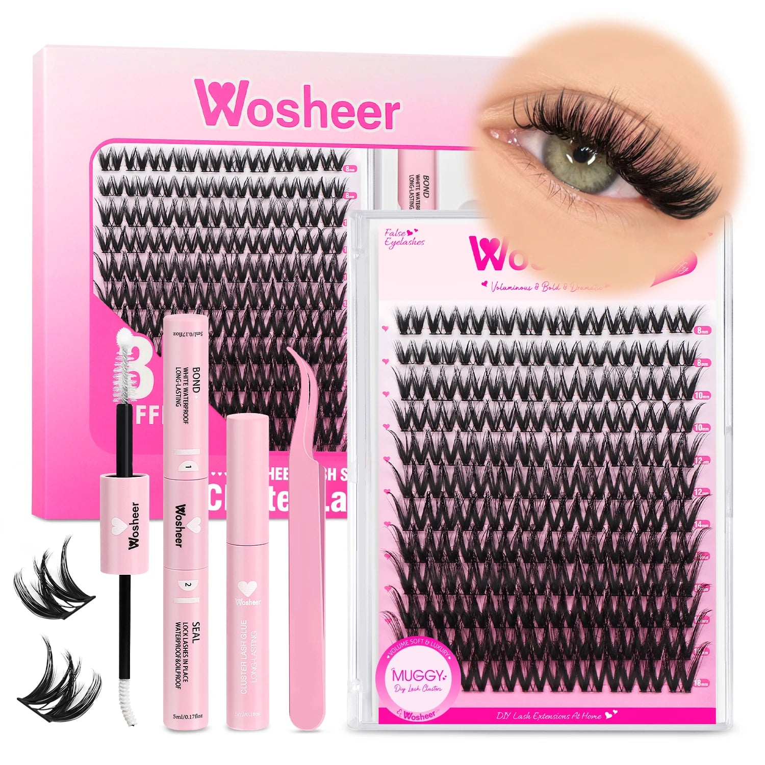WOSHEER Eyelash Clusters Kit Thick Individual Lashes Lash Bond And Seal And Remover Faux Mink Lashes Eyelash Extension DIY