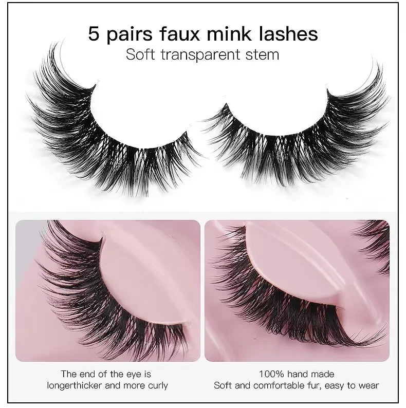 High Quality Makeup 5 Pairs Cat False eyelashes with transparent stems