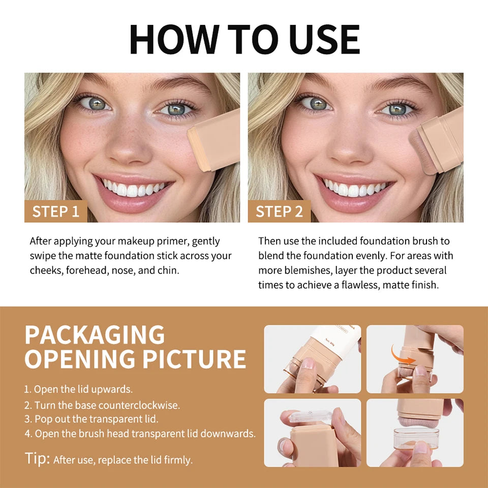Skin Tint Foundation Stick with Brush Multi Use Matte Waterproof Long Lasting Oil Control Thin Coverage for Blemishes Concealer