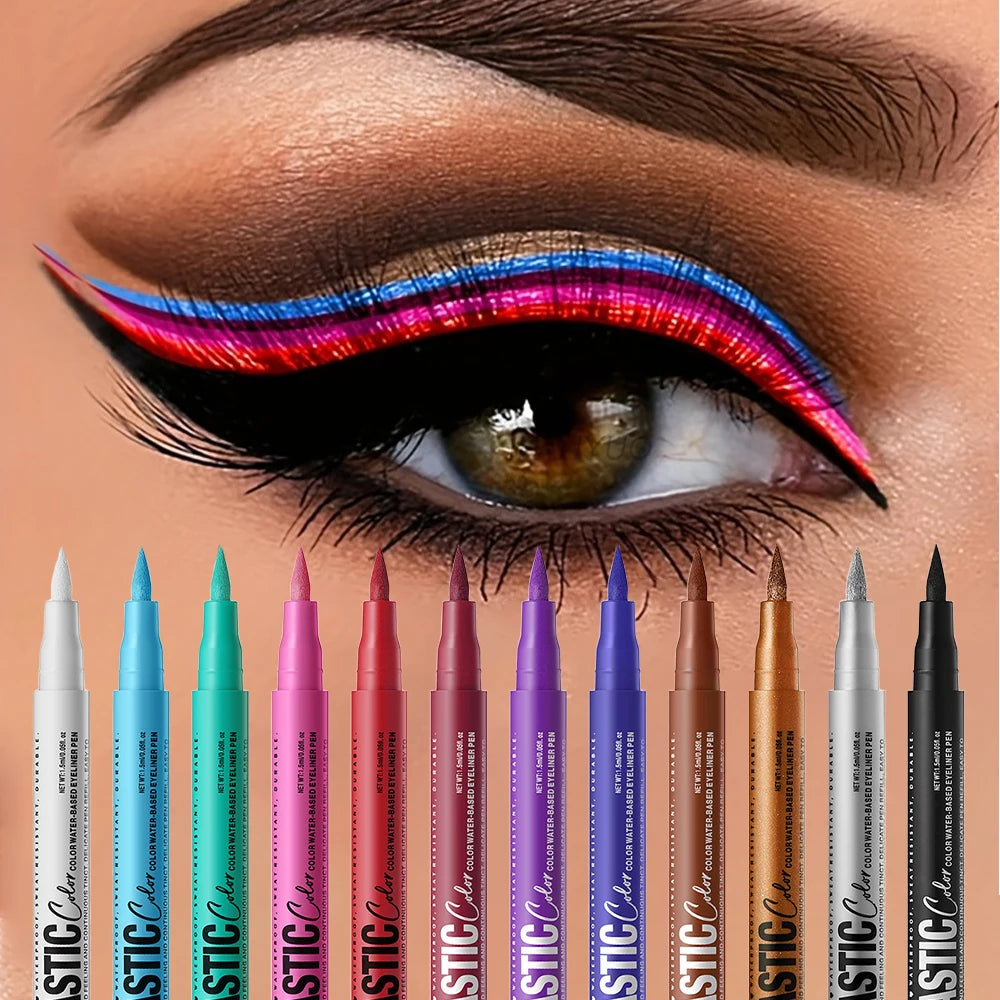 12 Colors Eyeliner High Pigment Silver Pearl Shine&Matte Smoky Blue Long-Lasting Waterproof Water-Based Painting Pen Makeup