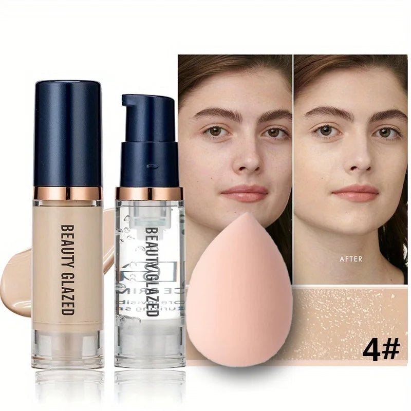 BEAUTY GLAZED 3Pcs Face Makeup Set,Matte Long lasting Waterproof Liquid Foundation+Primer+Puff