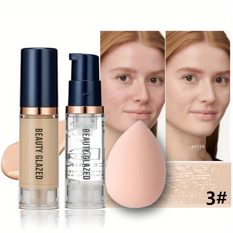 BEAUTY GLAZED 3Pcs Face Makeup Set,Matte Long lasting Waterproof Liquid Foundation+Primer+Puff