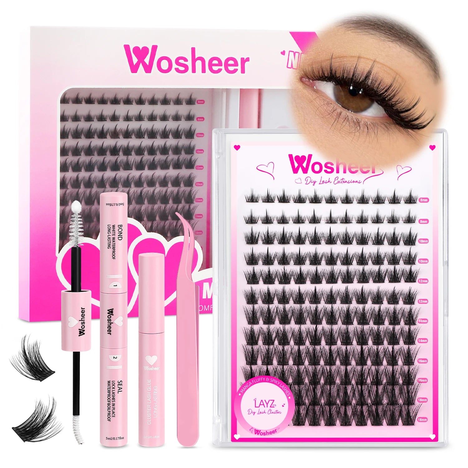 WOSHEER Eyelash Clusters Kit Thick Individual Lashes Lash Bond And Seal And Remover Faux Mink Lashes Eyelash Extension DIY