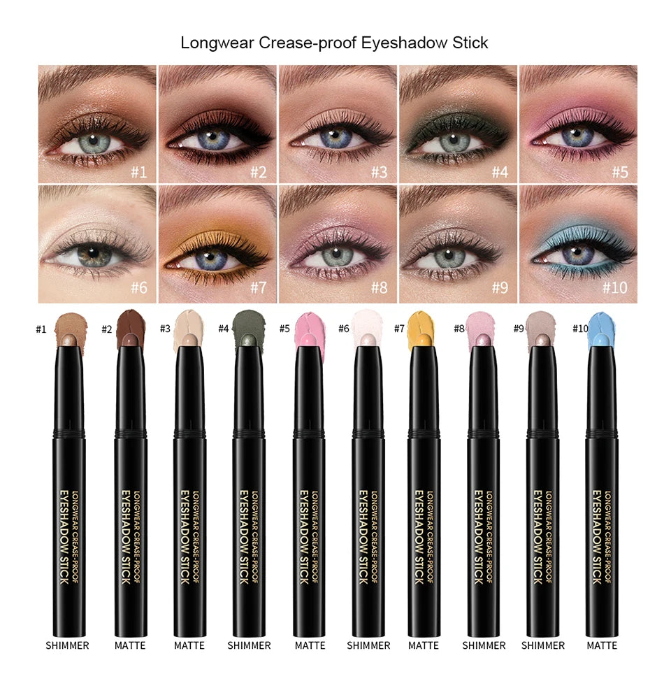Eyeshadow Stick 10Colors Shimmer And Matte Brown Metallic Cream Eyeshadow Pencil Crayon with Smudge-proof & Waterproof Makeup