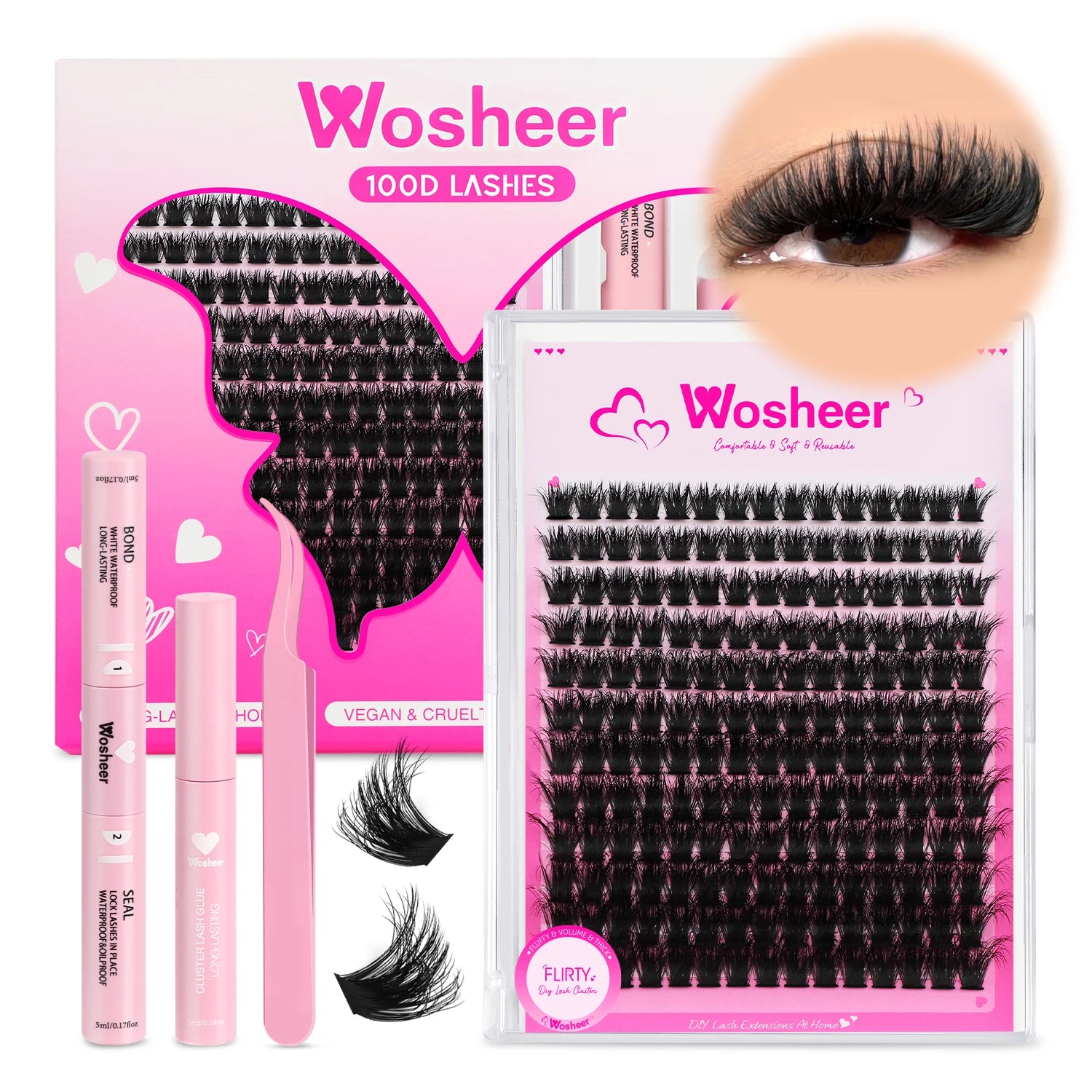 WOSHEER Eyelash Clusters Kit Thick Individual Lashes Lash Bond And Seal And Remover Faux Mink Lashes Eyelash Extension DIY